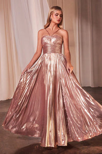Rose Gold Halter Pleated Lame' Metallic A-Line Gown