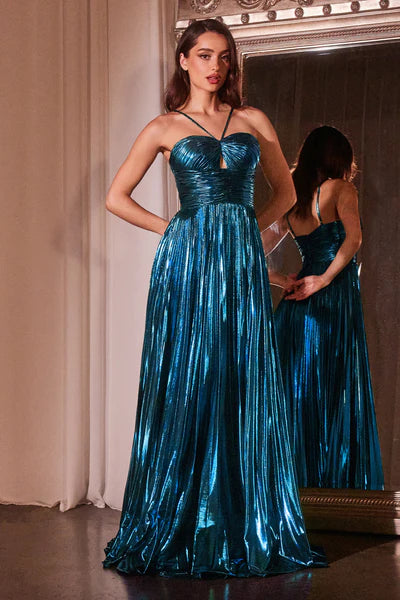 Blue Halter Pleated Lame' Metallic A-Line Gown