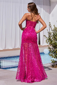 Fuchsia Glitter Printed Fitted Gown