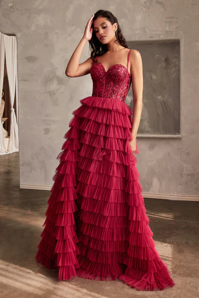 Burgundy Layered Tulle Ball Gown