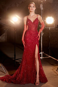 Burgundy Fitted Glitter Flocked Gown