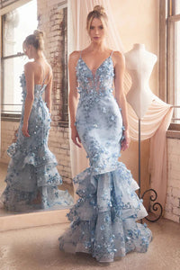 Blue Floral Appliqued Mermaid Gown