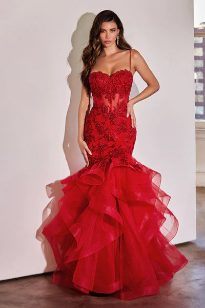 Red Rose Lace Applique Mermaid Dress