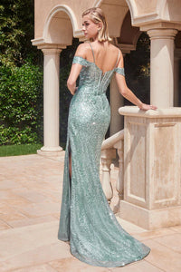 Sage Off The Shoulder Lace & Glitter Gown