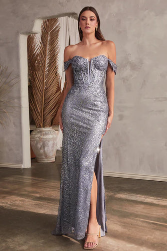 Smoky Blue Off The Shoulder Lace & Glitter Gown
