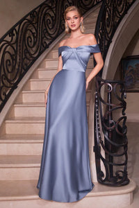 Paris Blue Off The Shoulder A-Line Satin Dress