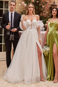 Off White Strapless Ball Gown With Removable Sleeves