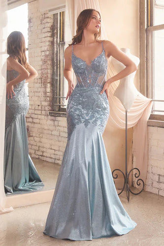 Dusty Blue Glitter & Lace Mermaid Gown