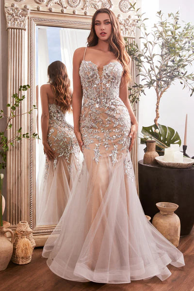 Silver Nude Sequin Floral Print Mermaid Gown