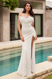 Off White Sequin & Feather Strapless White Gown