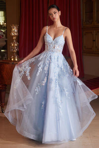 Blue Floral Appliqued Ball Gown