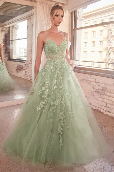 Sage Floral Appliqued Ball Gown