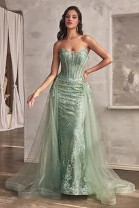 Sage Strapless Glitter Gown With Removable Tulle Overskirt