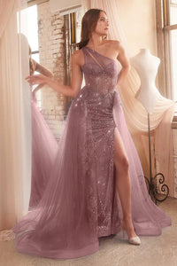 Dusty Mauve One Shoulder Glitter & Tulle Gown