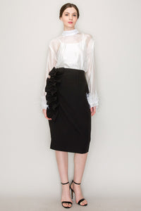 Black High Waist Asymmetric Frill Midi Skirt