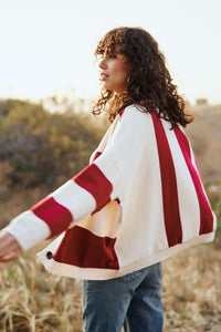 Red Combo V Neck Striped Button Down Cardigan