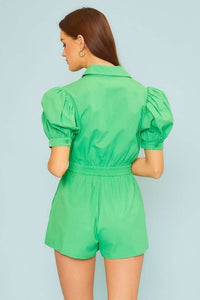 Kelly Green Collar Neck Puff Sleeve Top Elastic Waist Shorts