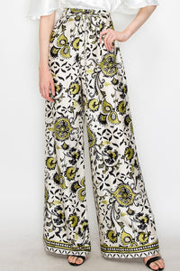 Green Multi Satin Floral Print High-Waisted Wide Pants