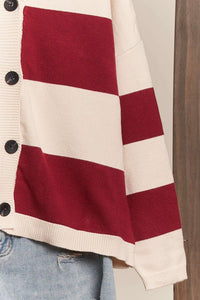 Red Combo V Neck Striped Button Down Cardigan