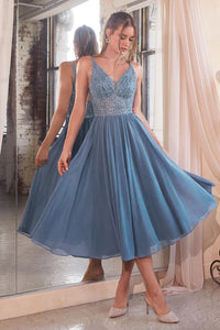 Smoky Blue Chiffon A-Line Tea Length Dress