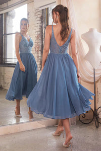 Smoky Blue Chiffon A-Line Tea Length Dress