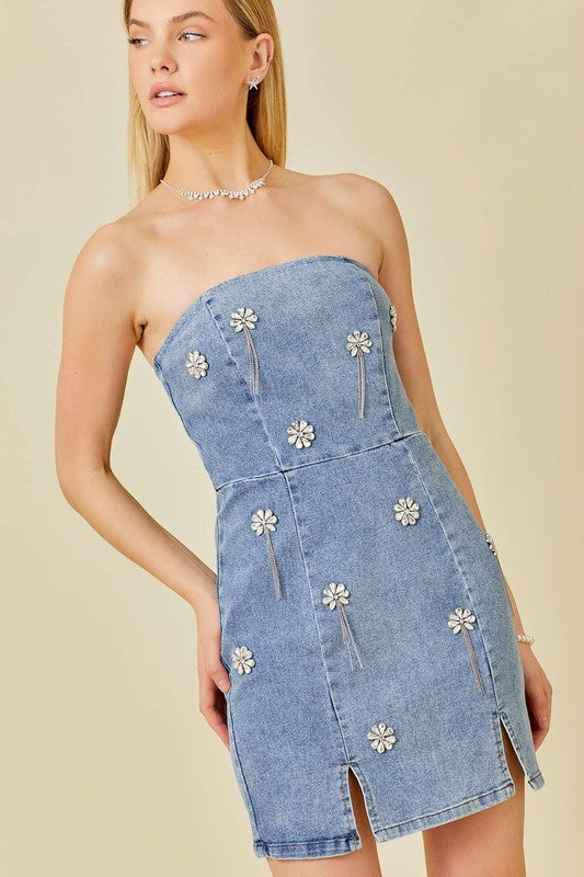 Falling Flower Stone Trim Bodycon Denim Dress Aquarius Brand Falling Flower Stone Trim Bodycon Denim Dress Aquarius Brand