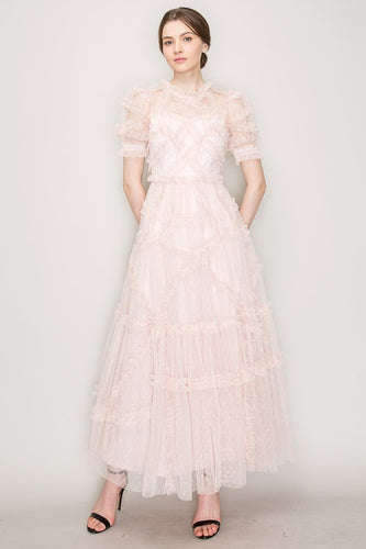 Blush Short Sleeves Dotted Tulle Ruffle Maxi Dress