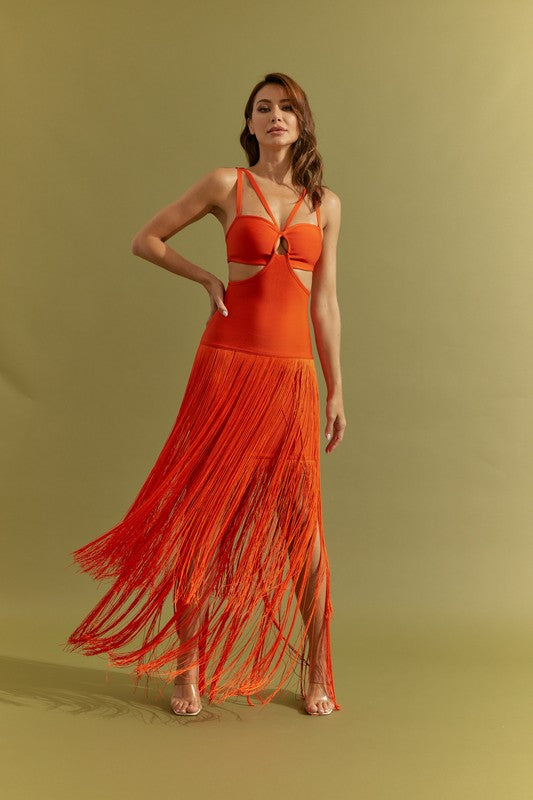 Orange Bandage Fringe Dress With Cutout  Aquarius Brand