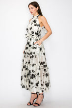 White/Black Sleeveless Halter Neck Floral Print Midi Dress