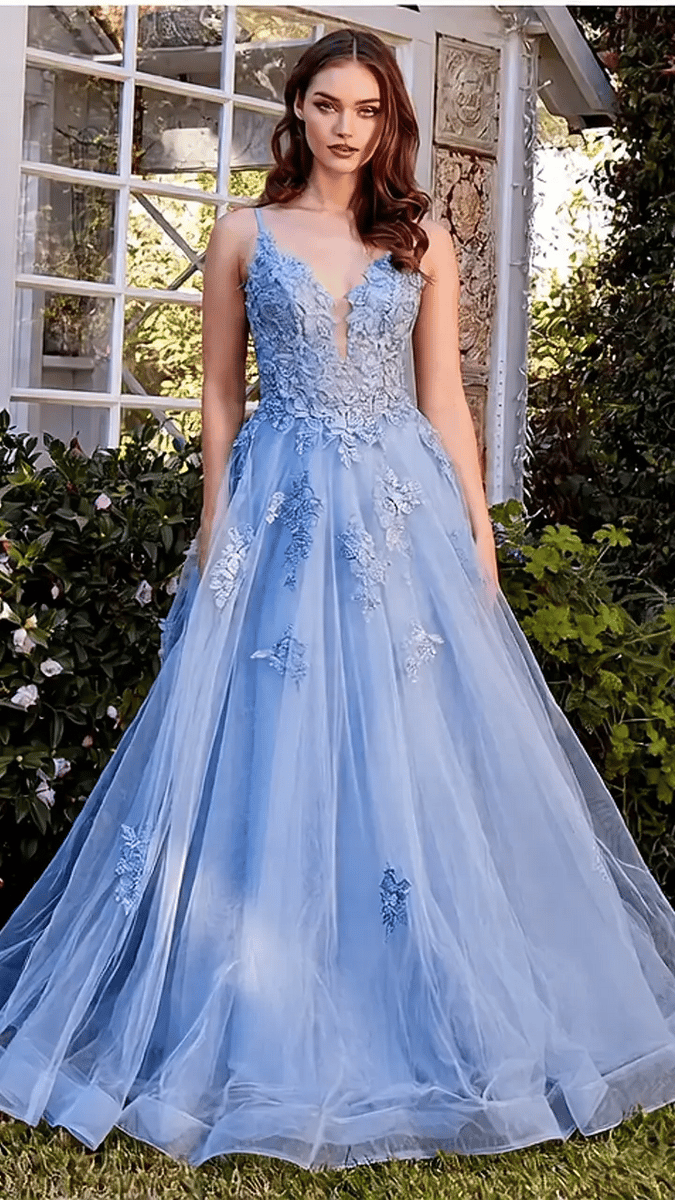Blue Lace Appliqued A-Line Layered Tulle Gown – Aquarius Brand