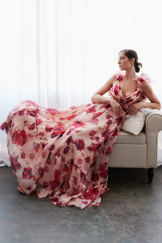 Apricot Organza Ruffle Shoulders Floral Tulle Maxi Dress – Aquarius Brand