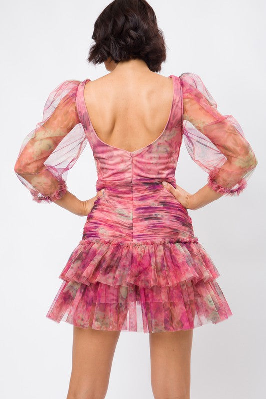 Pink Multi Floral Print Double Ruffle Mini Dress – Aquarius Brand