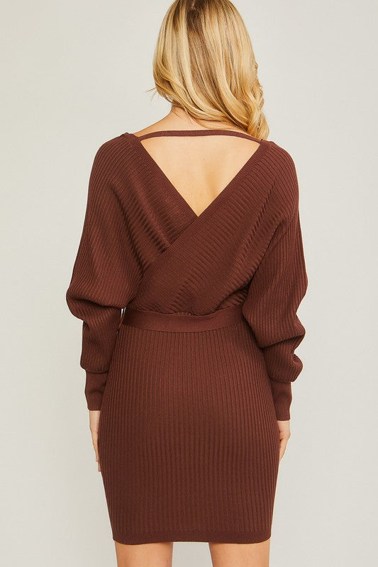 off the shoulder wrap sweater dress Black Off Shoulder Wrap Belted Ribbed Knit Sweater Dress L / Black