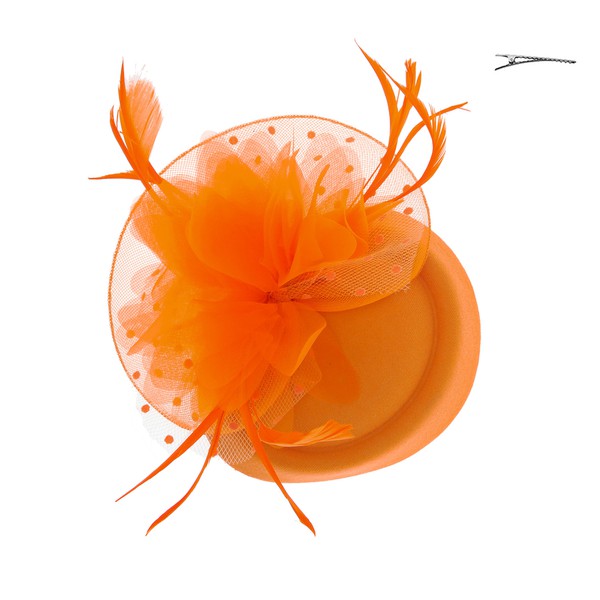Orange Mesh Feathered Flower 50s Mini Hat Hair Pin Fascinator