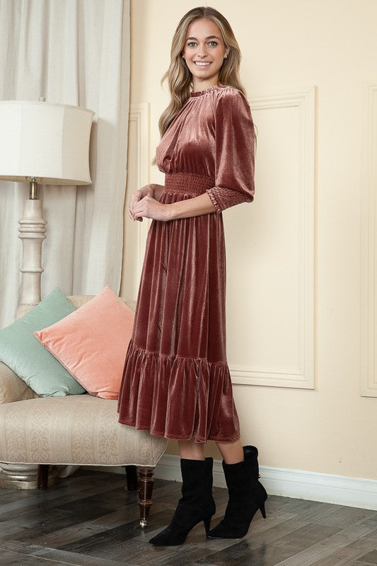 rust velvet midi dress Rust Velvet Three Quarter Sleeve Midi Dress – Aquarius Brand