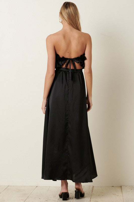 Black Satin Ruffle Bust With Tie Back Maxi Dress  Aquarius Brand