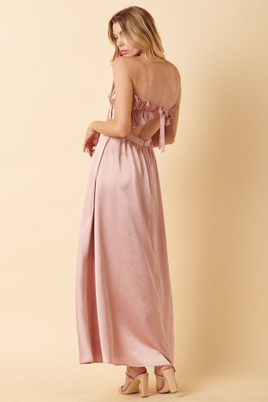 Dusty Mauve Satin Ruffle Bust With Tie Back Maxi Dress Aquarius Brand Dusty Mauve Satin Ruffle Bust With Tie Back Maxi Dress Aquarius Brand
