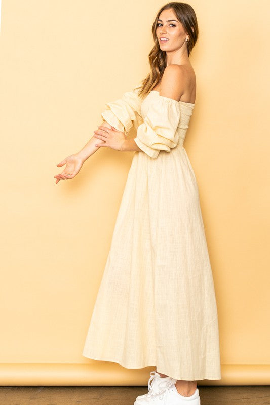 Light Yellow On And Off Shoulder Smocked Chest Maxi Linen Dress – Aquarius  Brand