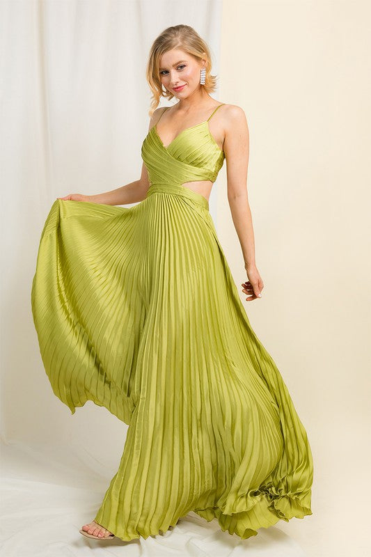 lime green satin maxi dress Lime Green Satin Draped Dress with Silver Embroidery S main image 1