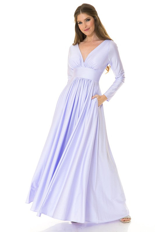 light purple maxi dress with sleeves Light Purple Long Sleeve Ruched Top Shiny Pocketed Formal Dress – Aquarius  Brand