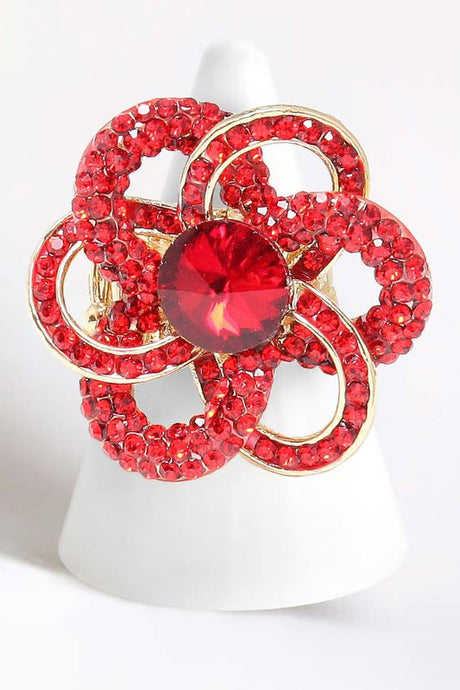 Red Round Stone Centered Flower Stretch Ring