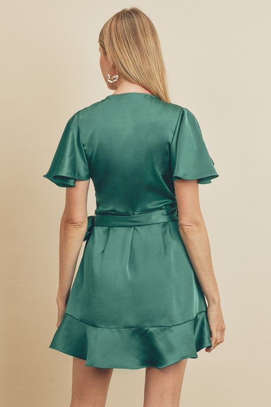 Emerald Green Flutter Sleeve Mini Wrap Dress  Aquarius Brand
