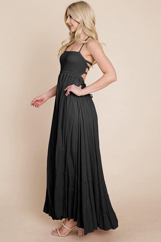 Black Smocked Flowy Boho Pleated Backless Maxi Dress Aquarius Brand Black Smocked Flowy Boho Pleated Backless Maxi Dress Aquarius Brand