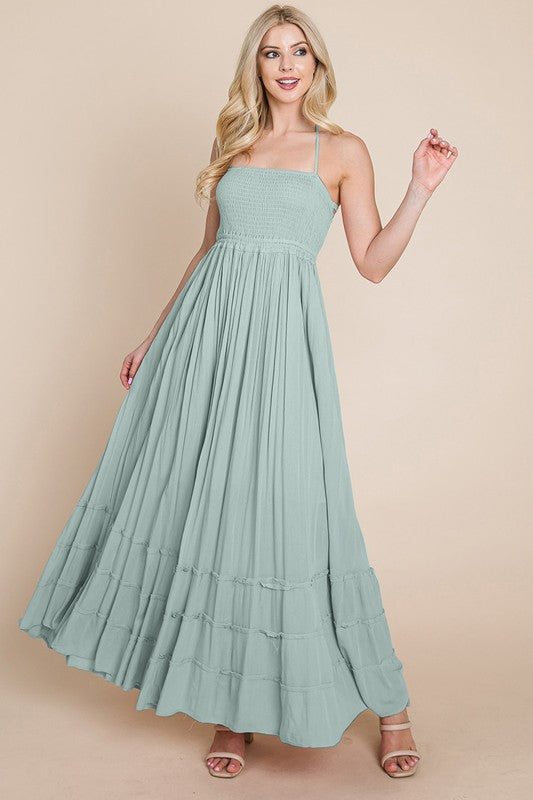 Sage Smocked Flowy Boho Pleated Backless Maxi Dress – Aquarius Brand