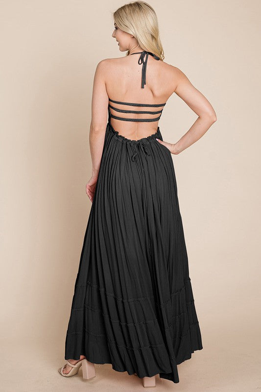 Black Smocked Flowy Boho Pleated Backless Maxi Dress Aquarius Brand Black Smocked Flowy Boho Pleated Backless Maxi Dress Aquarius Brand
