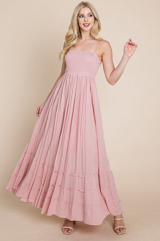Mauve Smocked Flowy Boho Pleated Backless Maxi Dress – Aquarius Brand