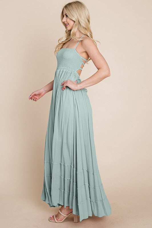 Sage Smocked Flowy Boho Pleated Backless Maxi Dress Aquarius Brand Sage Smocked Flowy Boho Pleated Backless Maxi Dress Aquarius Brand