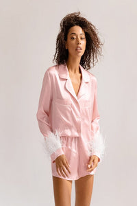Pink Silk Feather Long Sleeve Shorts Suit Pajamas