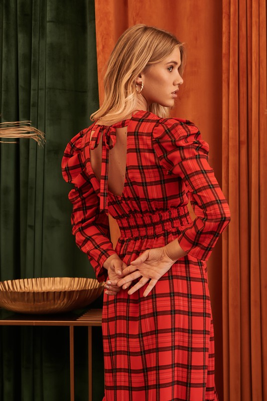 Black-Red Hampshire Plaid Drape Sleeve Cutout Midi Dress – Aquarius Brand