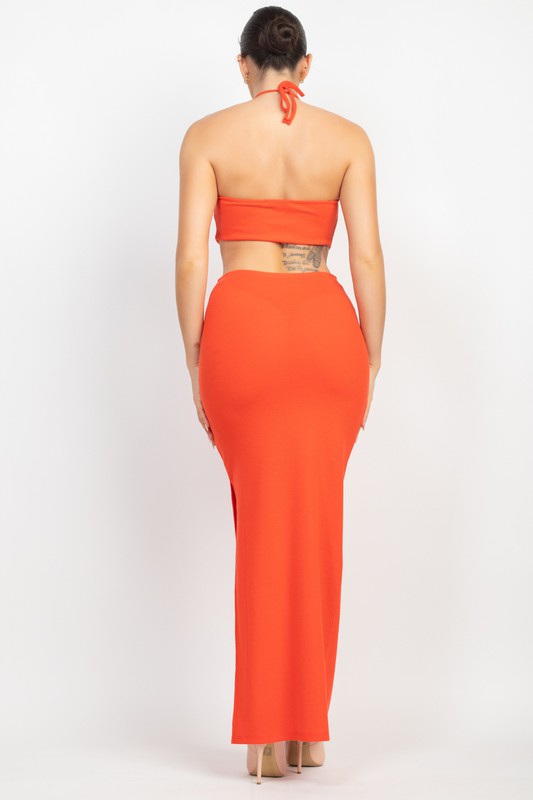 Coral Halter Neck Knot Cut-Out Maxi Dress – Aquarius Brand